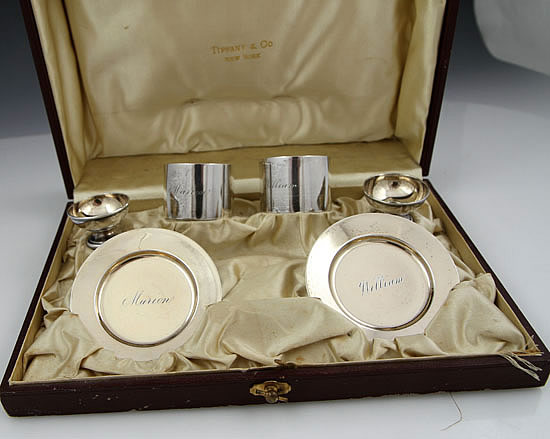 Tiffany antique sterling silver boxed set engraved with William and Marion in script